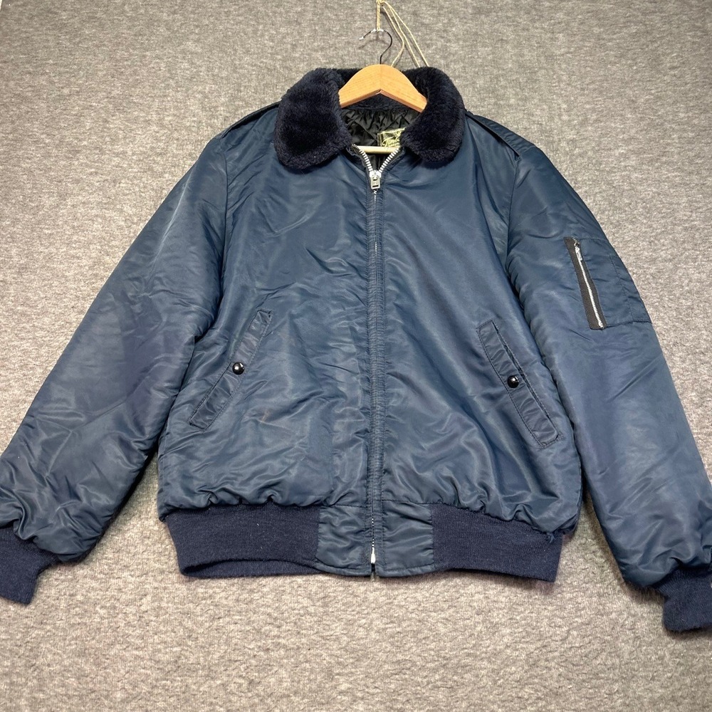 Vintage Timber King Mens Medium Jacket Navy Blue Bomber Fuzzy Collar‎ Insulated